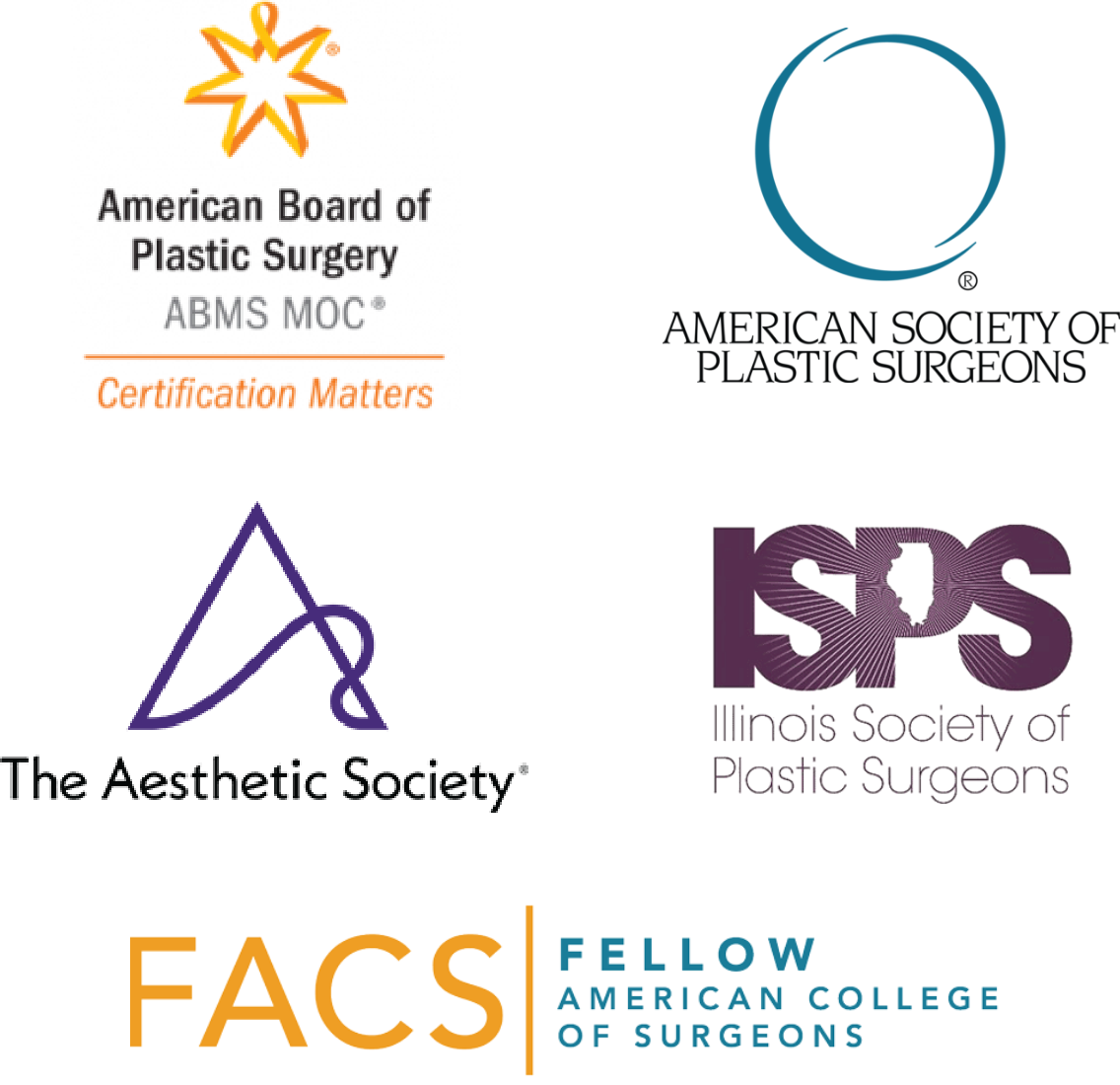American Board of Plastic Surgery, American Society of Plastic Surgeons, The Aesthetic Society Illinois Society of Plastic Surgeons, Fellow American College of Surgeons Logos