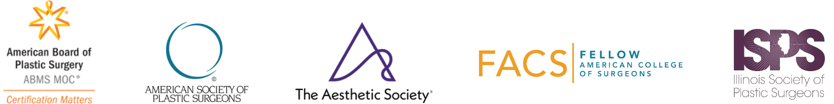 American Board of Plastic Surgery, American Society of Plastic Surgeons, The Aesthetic Society Illinois Society of Plastic Surgeons, Fellow American College of Surgeons Logos